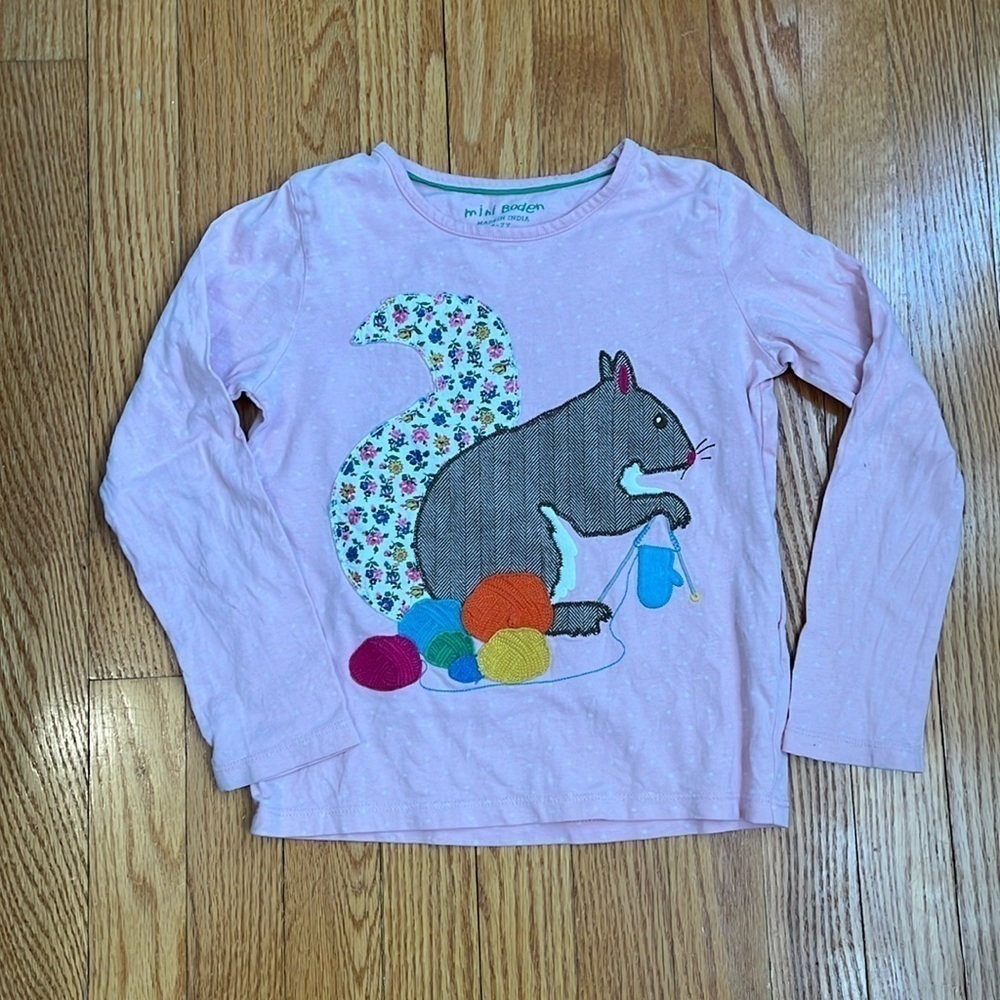 Mini Boden size 6-7 Squirrel Lightweight Pink Polka Dot Long Sleeve Cotton Top